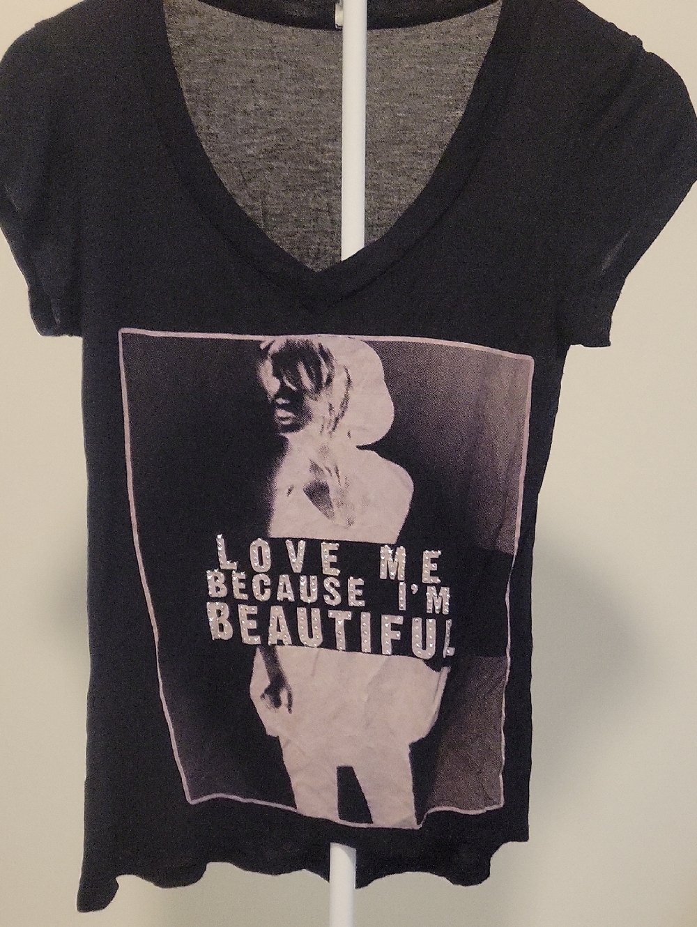 Graphic V-Neck Tee - Black with Pink Print